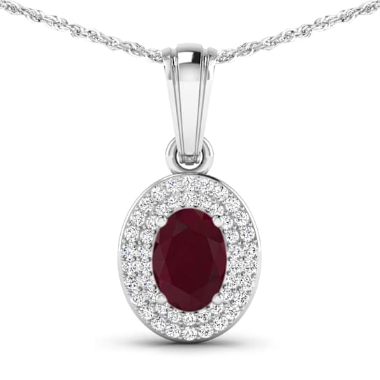 0.85ctw 14K White Gold Ruby and White Diamond Pendant with 18 inch Cable Chain