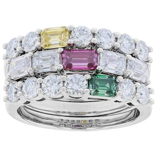 Multi-Color Moissanite Stackable Ring Set In Platinum-Enhanced Sterling
Silver 2.85ctw Diamond Equivalent Weight