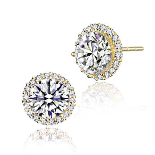 CZ Halo Stud Earrings In 14K Gold Over Sterling Silver