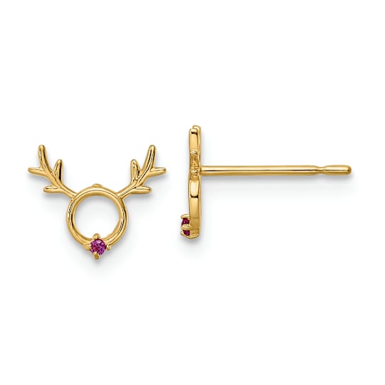 14K Yellow Gold Red Cubic Zirconia Reindeer Post Earrings