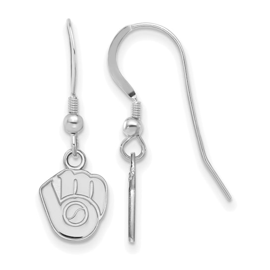 Rhodium Over Sterling Silver MLB LogoArt Milwaukee Brewers Dangle Earrings