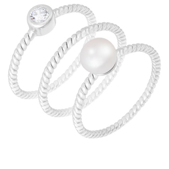 Cultured Freshwater Pearl And CZ Set Of 3 Rings In Sterling Silver