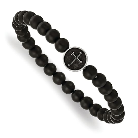 Black Agate Cross Charm Beaded Stretch Bracelet In Stainless Steel