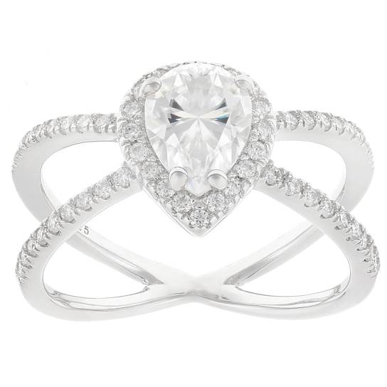 Pear And Round Moissanite Open Design Ring In Platinum-Enhanced Sterling Silver