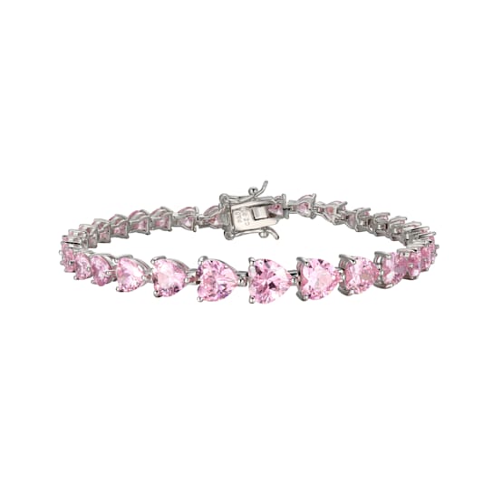 Pink Cubic Zirconia Heart Rhodium over Sterling Silver Tennis Bracelet