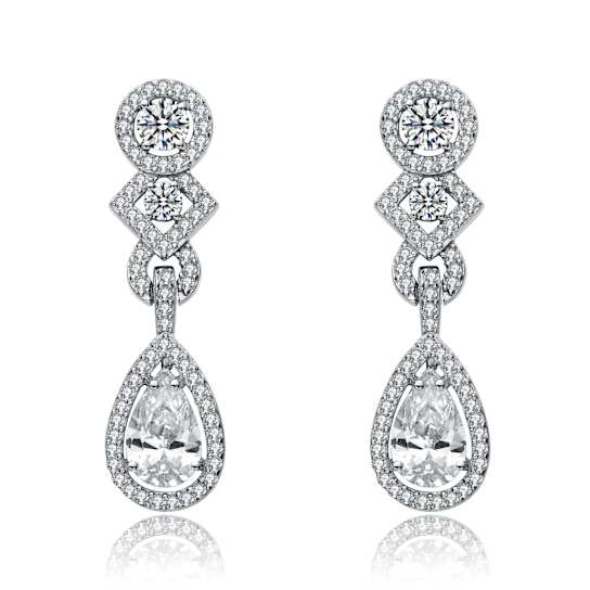 CZ Teardrop Halo Dangle Earrings In Sterling Silver