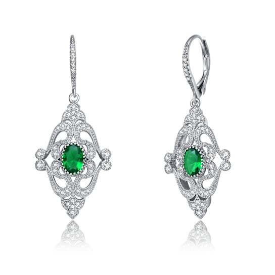 Emerald Color CZ Drop Earrings In Sterling Silver
