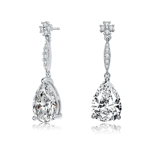 Pear Shape CZ Halo Drop Earrings In Sterling Silver
