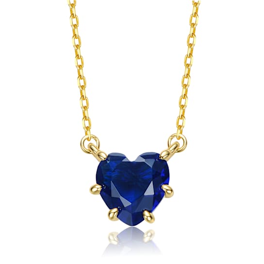 Sapphire Color CZ Heart-Shape Solitaire Necklace In 14K Gold Over Brass