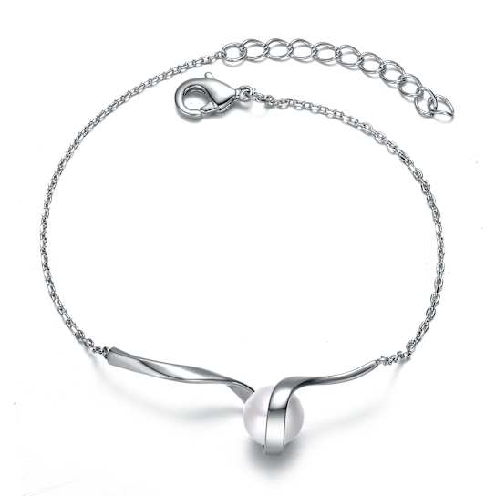 Pear Shape Freshwater Pearl Ribbon Cable Bracelet In Sterling Silver