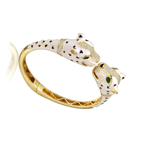 Emerald Color CZ Panther Hinged Cuff Bracelet In 14K Gold Over Sterling Silver