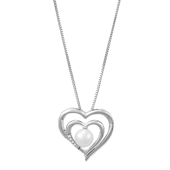 White Freshwater Pearl and Lab Created White Sapphire Sterling Silver
Pendant with Chain