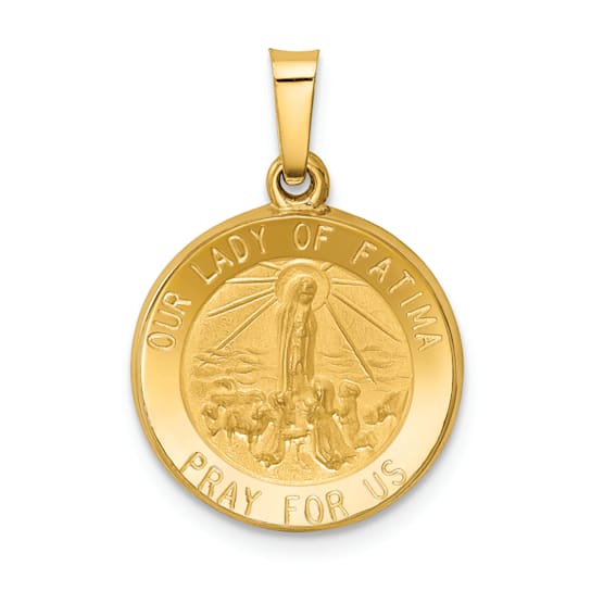 14K Yellow Gold Polished and Satin Our Lady Fatima Medal Hollow Pendant