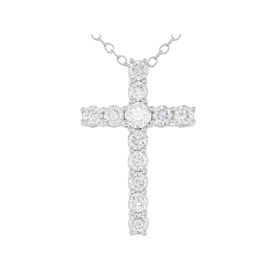 White Lab-Grown 14k White Gold Cross Pendant With Chain 1.00ctw