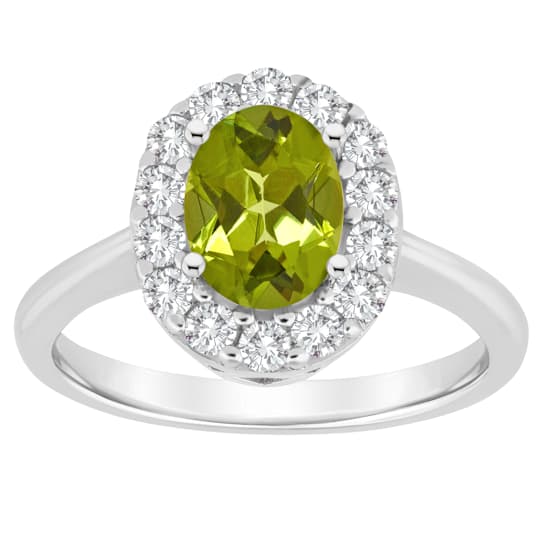 Oval Peridot Halo Ring With White Topaz In Sterling Silver