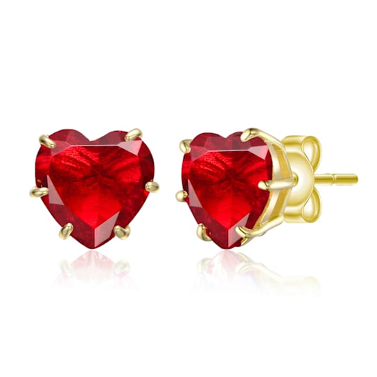 Ruby Color CZ Heart Shape Stud Earrings In 14K Gold Over Brass