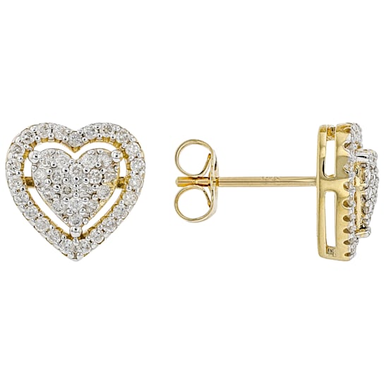 White Diamond 14k Yellow Gold Cluster Stud Heart Earrings 0.50ctw