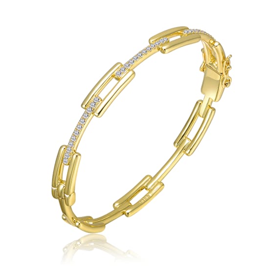 CZ Pave Rectangular Link Bracelet In 14K Gold Over Brass