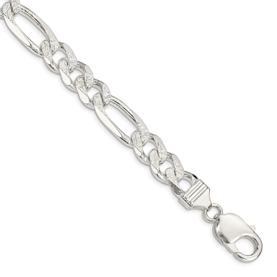 Sterling Silver 10.5mm Pavé Flat Figaro Chain Bracelet