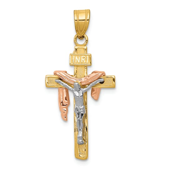 14K Yellow, White and Rose Gold Diamond-cut Small Draped INRI Crucifix Pendant