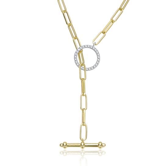 Pave CZ Paperclip Link Chain Necklace In 14K Gold Over Brass 16 Inch