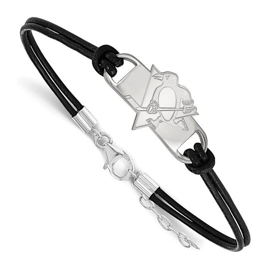 Rhodium Over Sterling Silver NHL LogoArt Pittsburgh Penguins Leather Bracelet