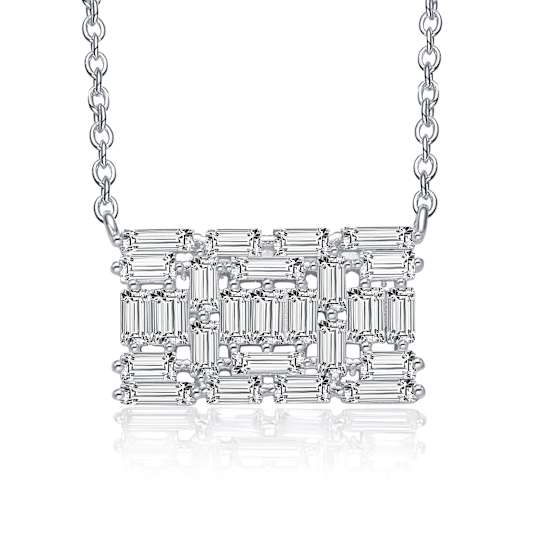 Baguette CZ Rectangular Cluster Pendant Necklace In Sterling Silver