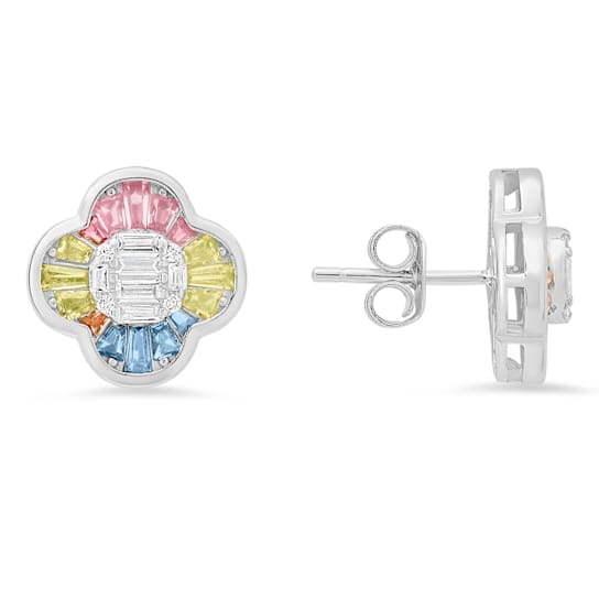 Pink, Yellow, Blue, And White Cubic Zirconia Rhodium Over Sterling
Silver Earrings 1.64ctw