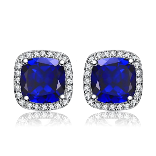 Sapphire Color CZ Halo Stud Earrings In Sterling Silver