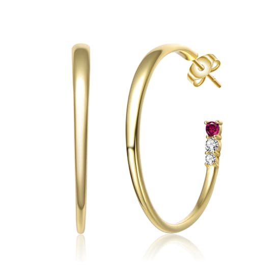 Ruby Color CZ C-Hoop Earrings In 14K Gold Over Sterling Silver