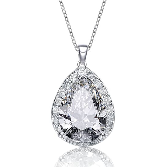 Pear Shape CZ Halo Pendant Necklace In White Rhodium Over Brass