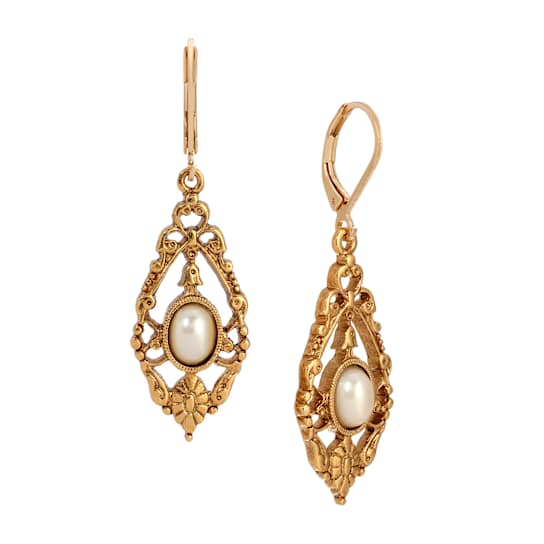 White Teardrop Dangle Earrings In Gold-Tone