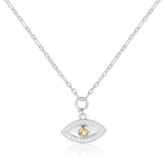 Citrine And Moissanite Evil Eye Pendant Necklace In Sterling Silver