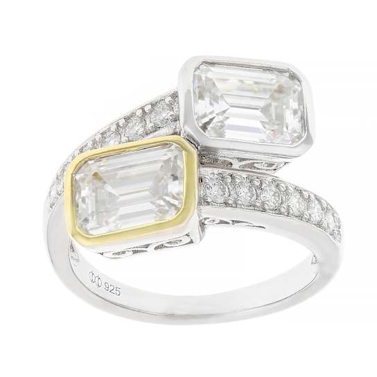 Two-Tone Moissanite Emerald-Cut Bypass Ring In Platinum-Enhanced
Sterling Silver With 14K Over Sterling Silver