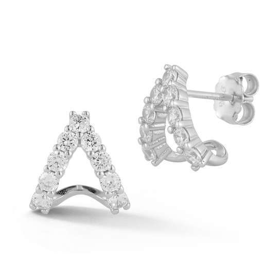 Rachel Zoe CZ Pave J-Hoop Stud Earrings in Rhodium Over Sterling Silver