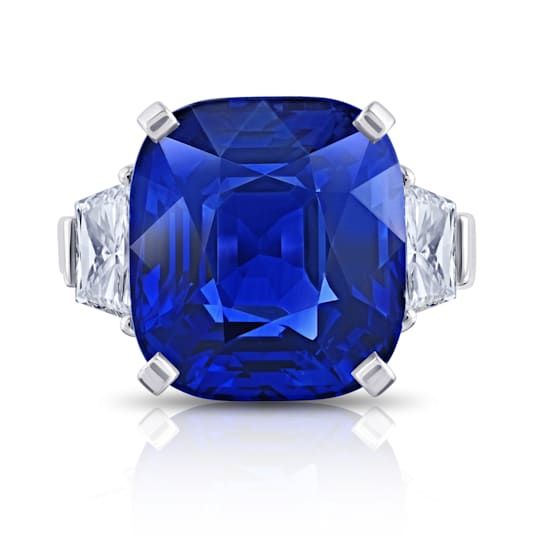 Platinum 20.26 Carat Cushion Blue Sapphire and Diamond Ring