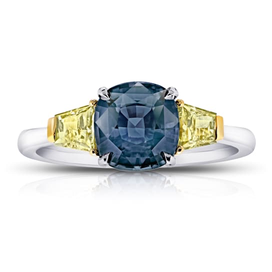 3.15ctw Cushion Greenish Blue Sapphire and Diamond Platinum Ring
