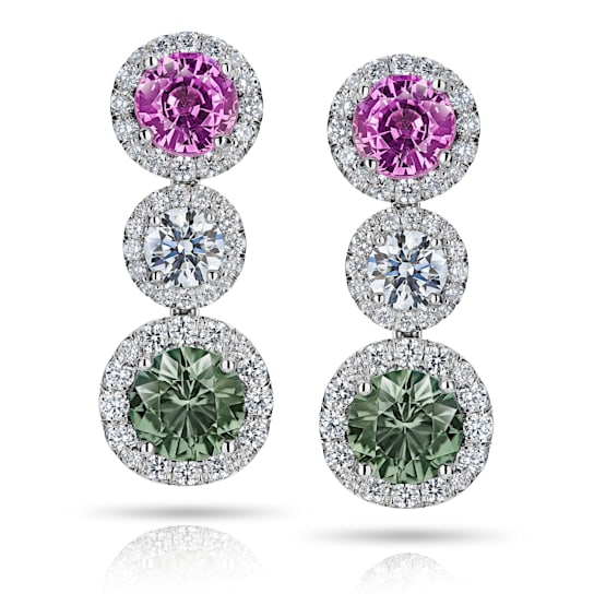 4.33 Green and Pink Sapphire Diamond Drop Earrings