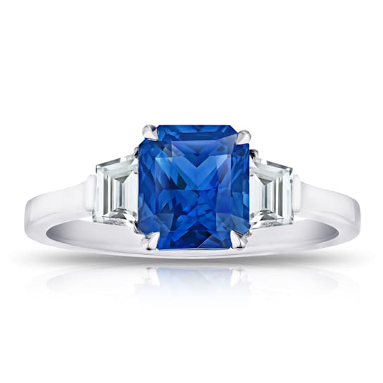 Rectangular Octagonal Blue Sapphire and Diamond Platinum Ring 2.59ctw