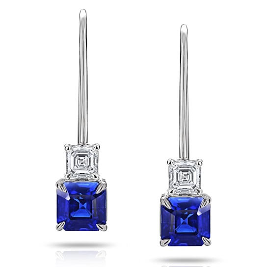 2.00 Carat Blue Asscher Cut Sapphire and Diamond Earrings