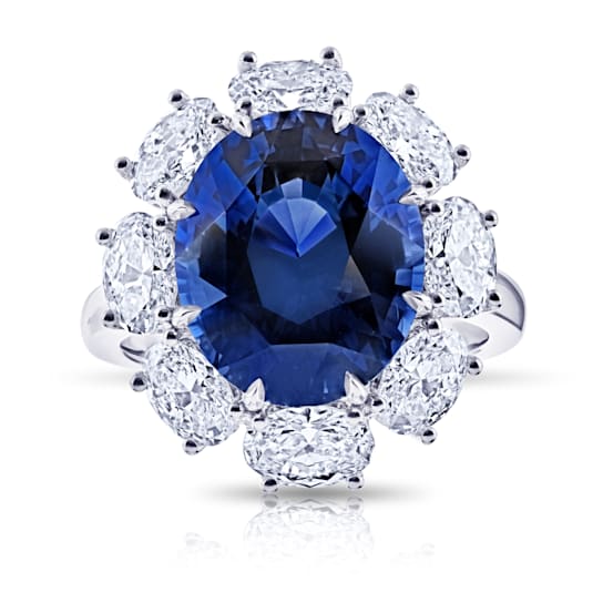 Platinum 8.37 Carat Oval Blue Sapphire and Diamond Ring