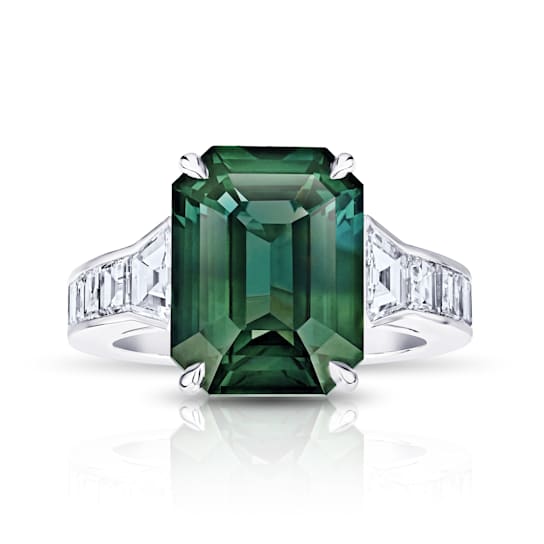 Emerald Cut Green Sapphire and Diamond Platinum Ring