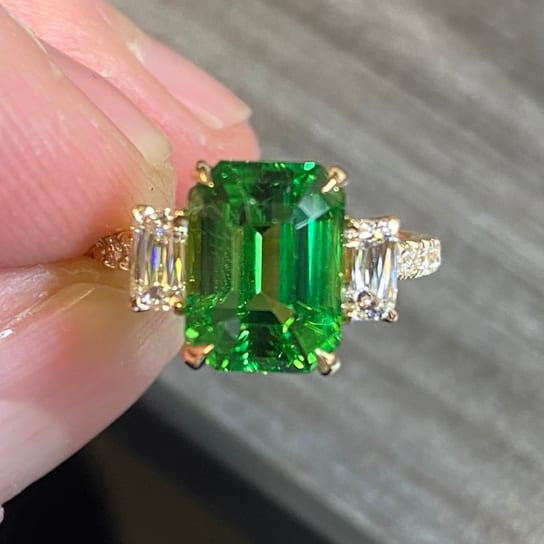 Platinum 4.02 Carat Emerald Cut Green Tsavorite and Diamond Ring