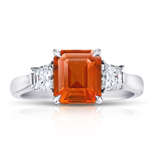 Rectangular Octagonal Orange Sapphire and Diamond Platinum Ring 3.84ctw