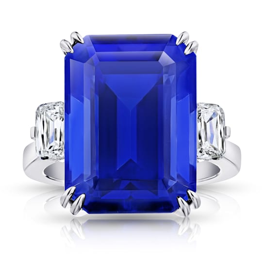 Rectangular Octagonal Blue Tanzanite and Diamond Platinum Ring 21.13ctw