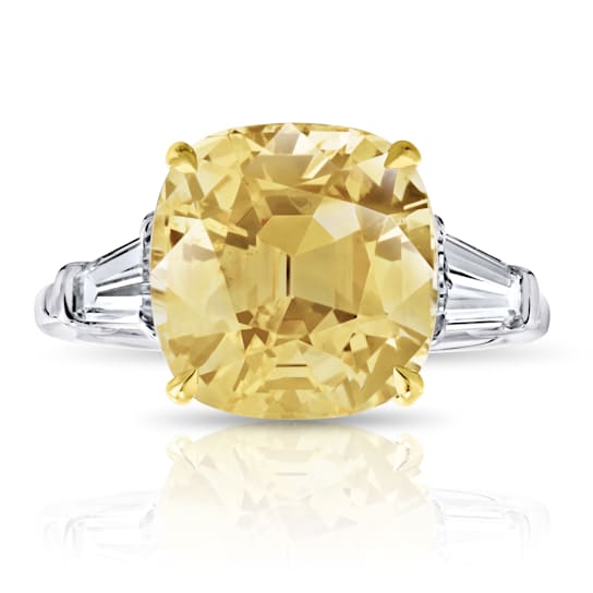Platinum 7.54 Carat Cushion Yellow  Sapphire and Diamond Ring