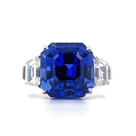 12.61 carat Square Emerald Cut Blue Sapphire and Platinum Diamond Ring