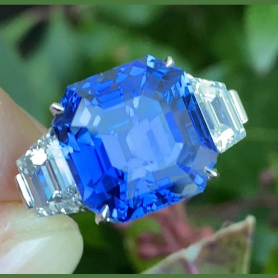 12.61 carat Square Emerald Cut Blue Sapphire and Platinum Diamond Ring