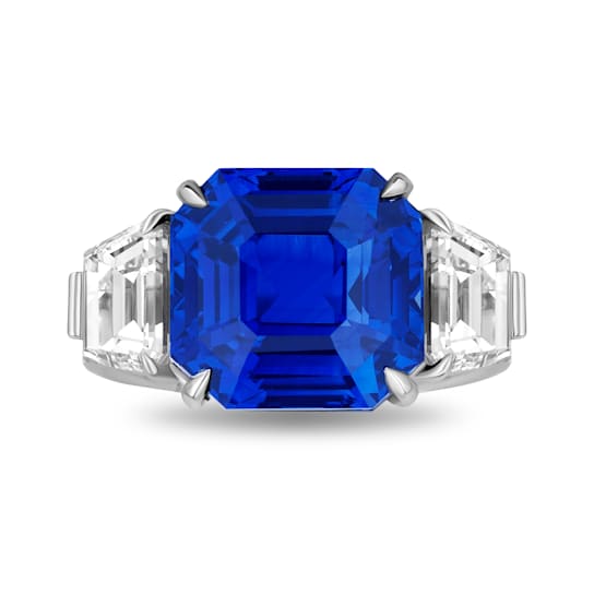 Platinum 11.08 Carat Square Emerald Blue Sapphire and Diamond Ring