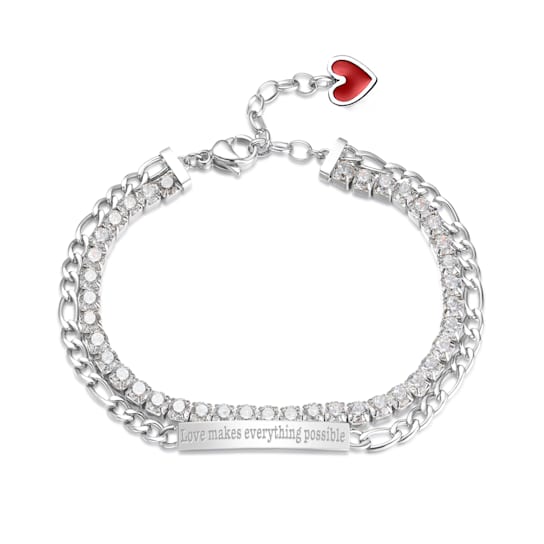 304 stainless steel double charm bracelet with white cubic zirconia